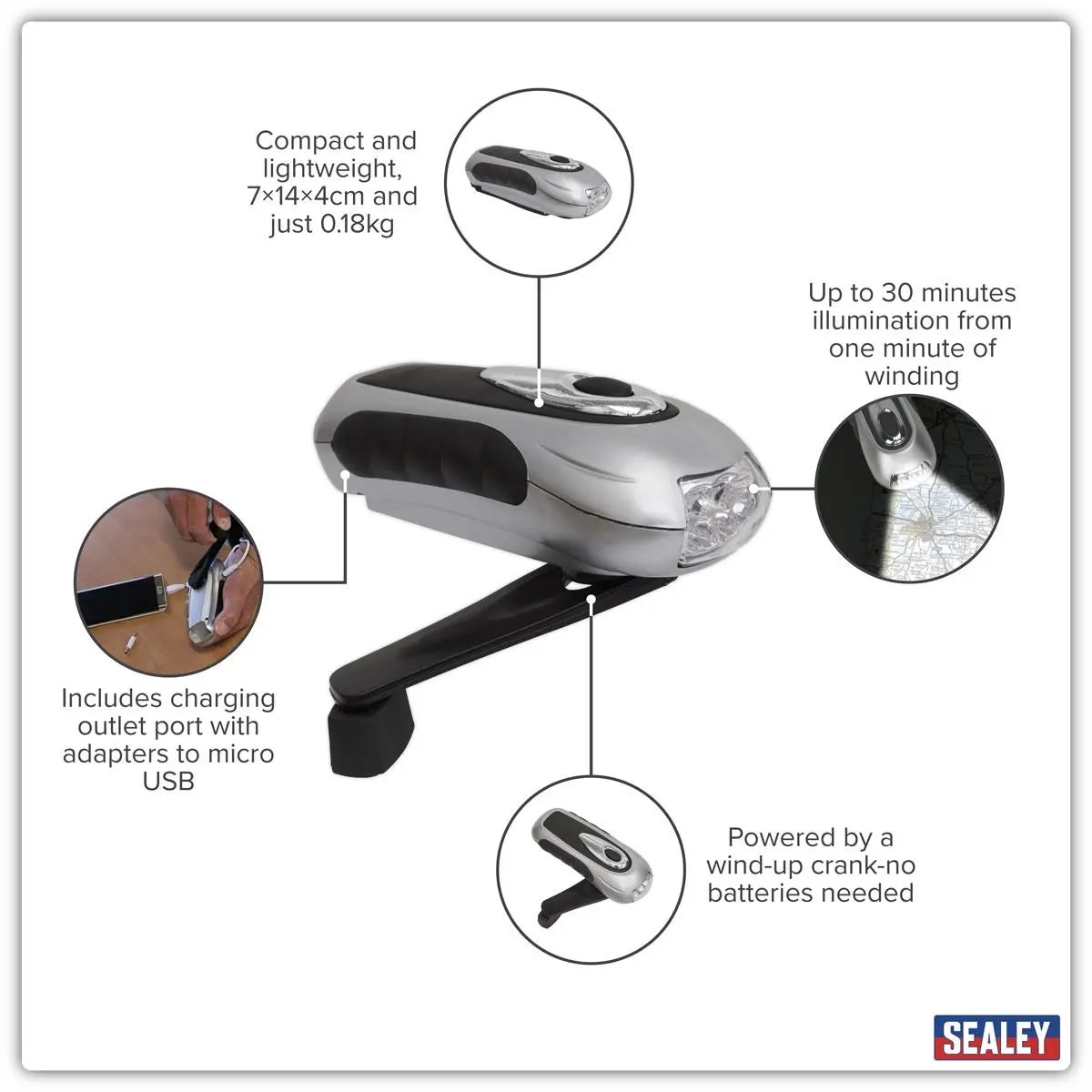 Sealey Rechargeable Wind-Up Torch 3 LED - Image 2