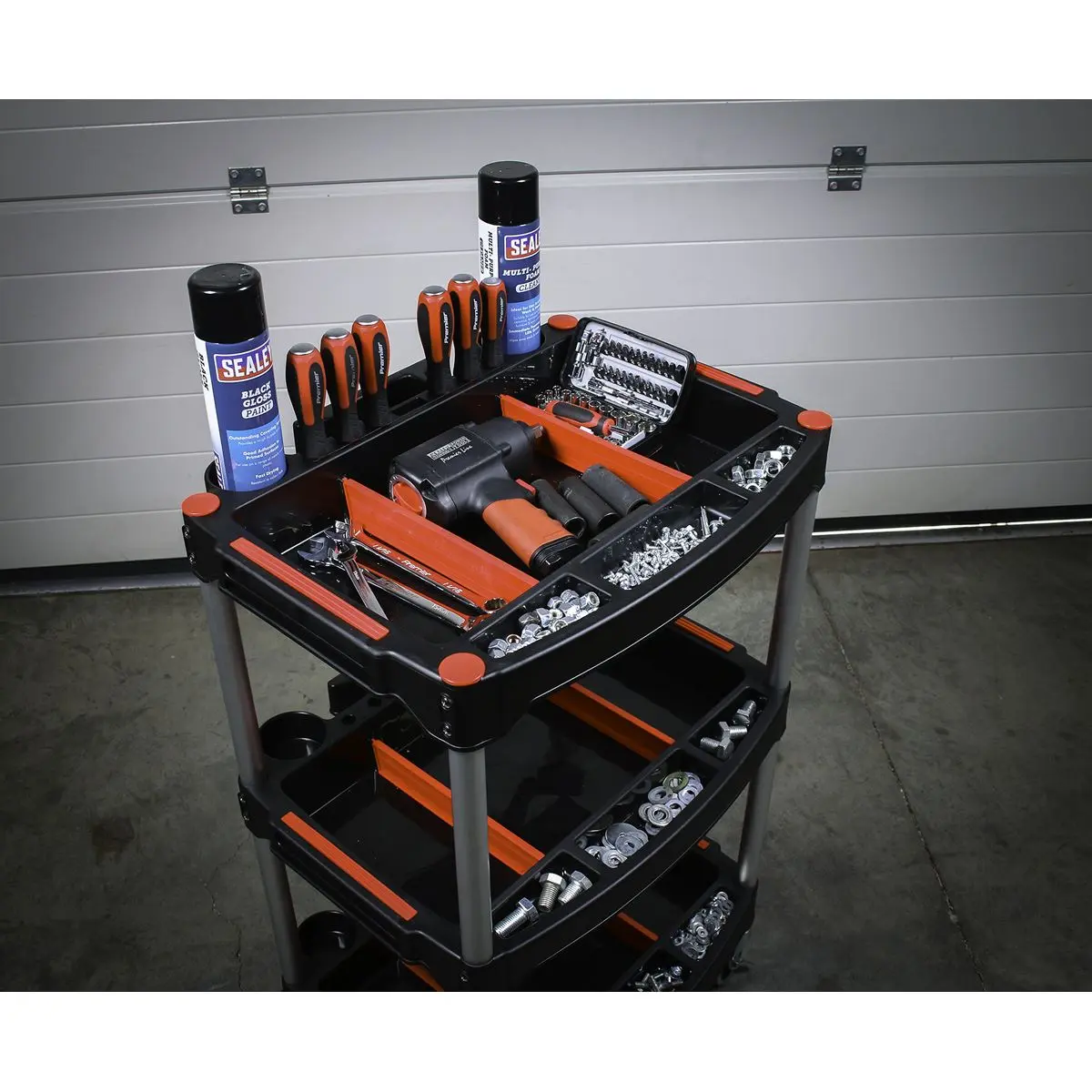 Sealey Workshop Trolley 3-Level Composite with Parts Storage - Image 7