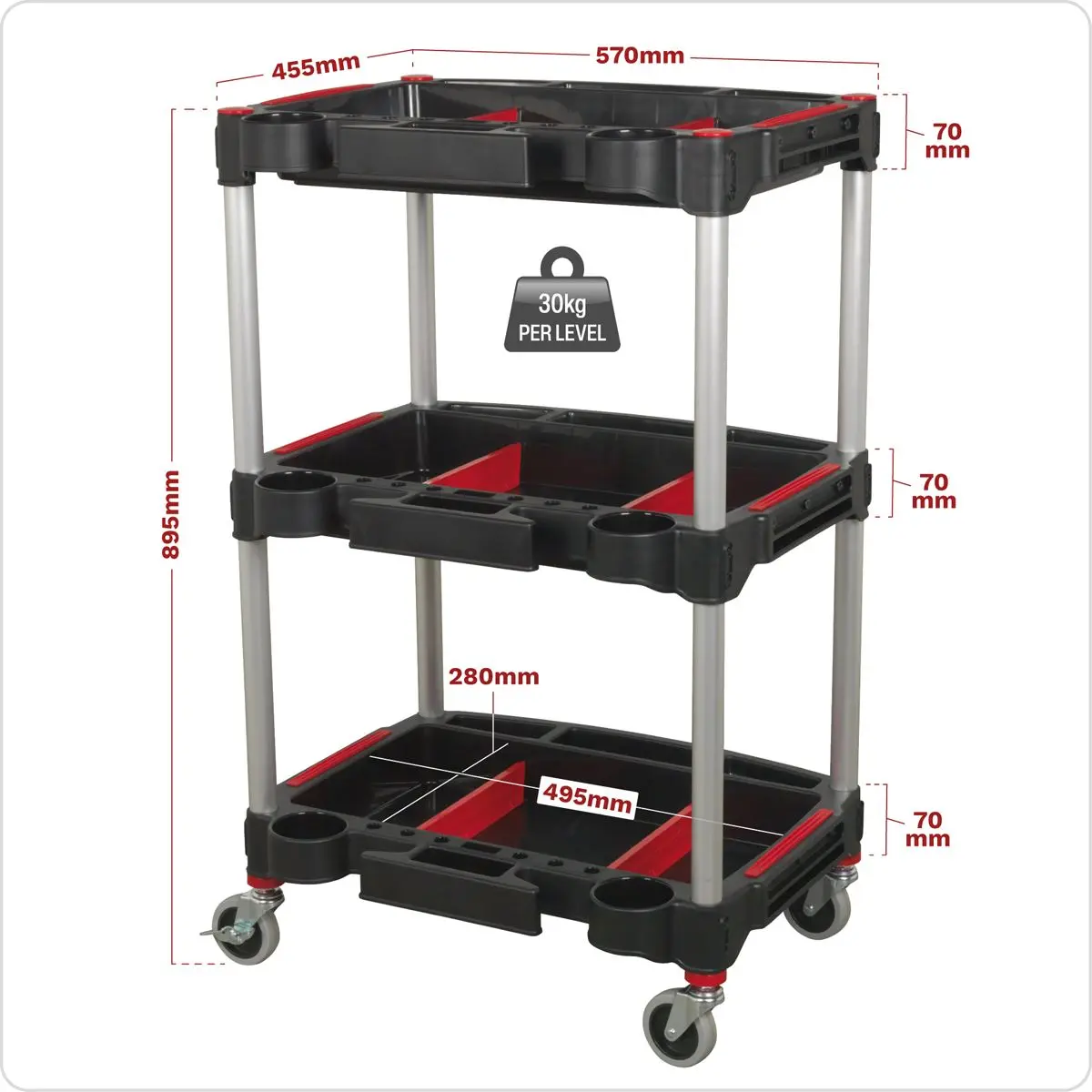 Sealey Workshop Trolley 3-Level Composite with Parts Storage - Image 8