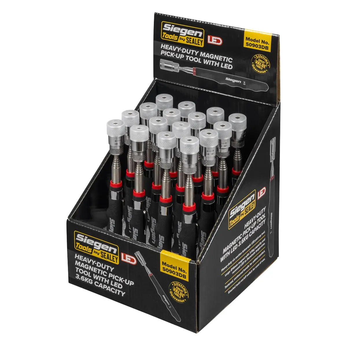 Siegen by Sealey Heavy-Duty Magnetic Pick-Up Tool with LED 3.6kg Capacity Display Box of 16 - Image 2