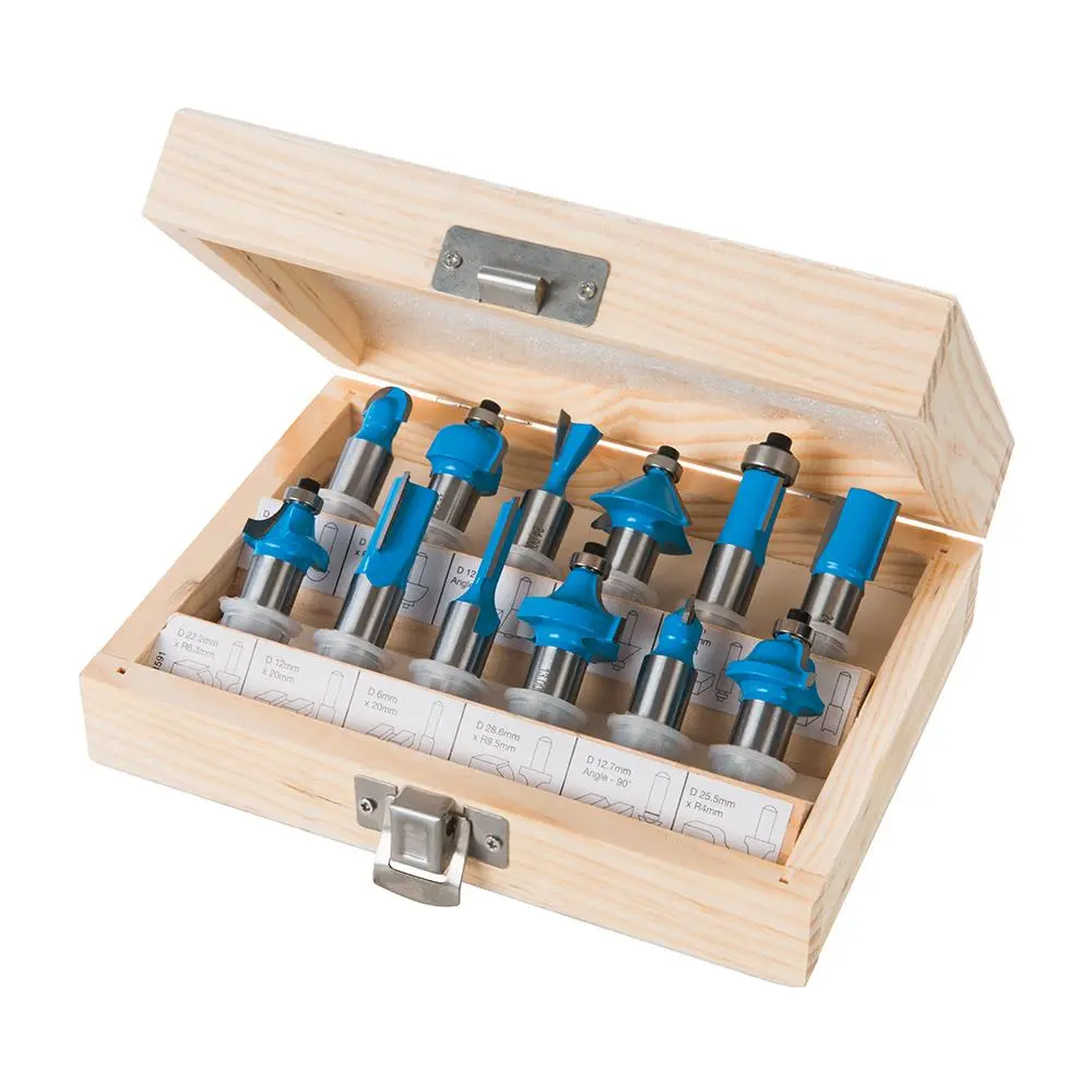 Silverline 12 Piece 12mm Shank TCT Router Bit Set In Wooden Case Cutter Cove