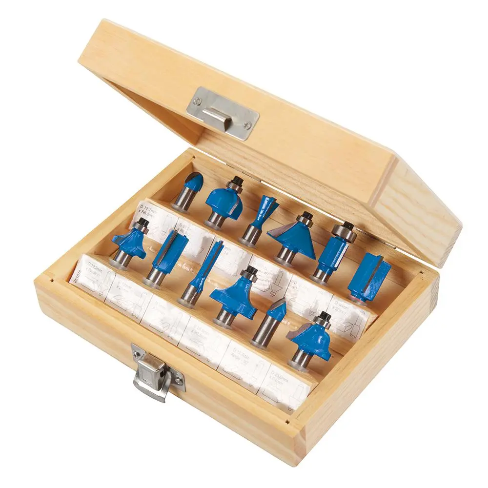 Silverline 12 Piece 8mm Shank TCT Router Bit Set in Wooden Case Straight Cove