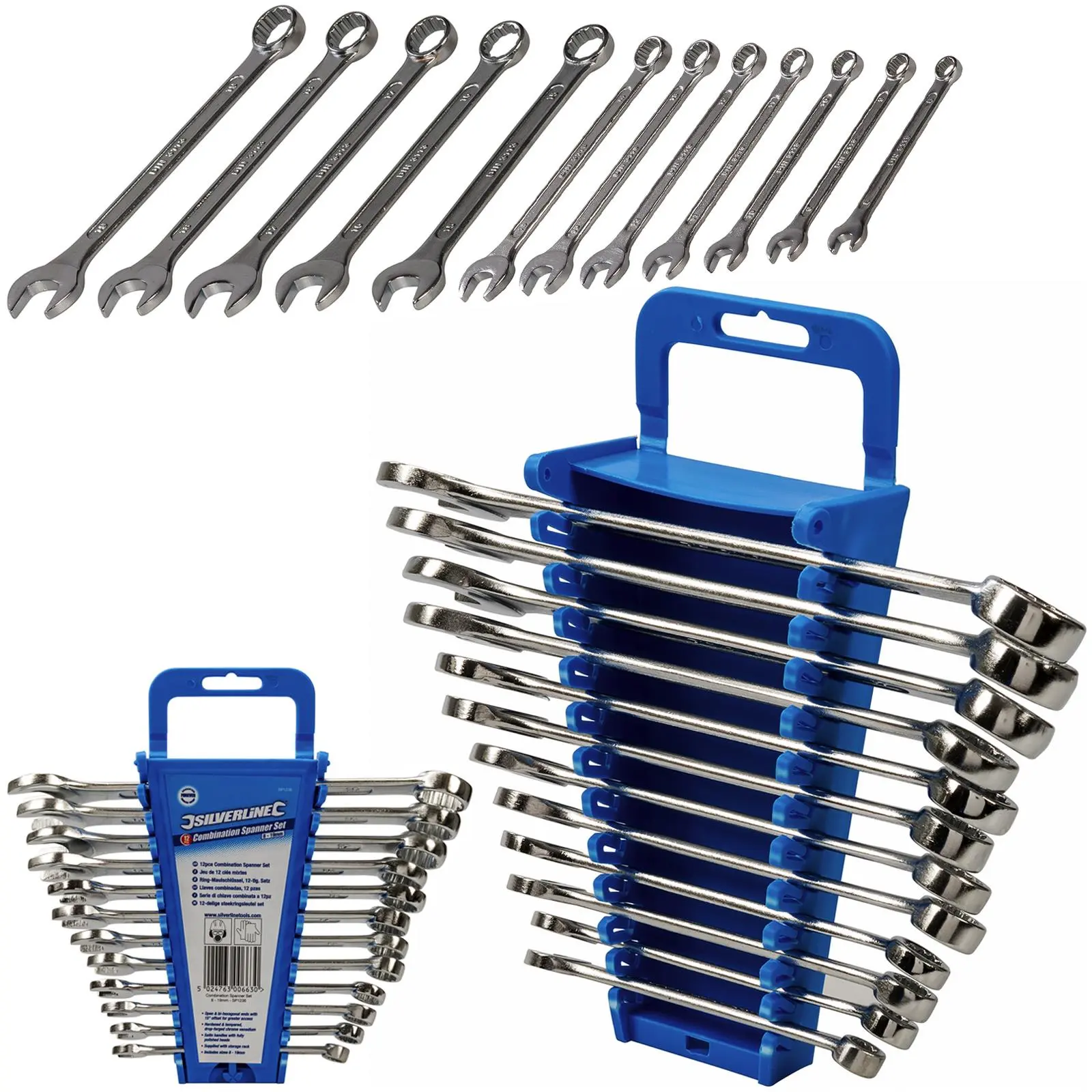 Silverline 12 Piece Combination Spanner Set 8-19mm Open End Hex Storage Rack