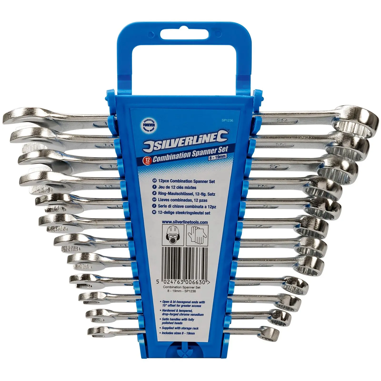 Silverline 12 Piece Combination Spanner Set 8-19mm Open End Hex Storage Rack - Image 2