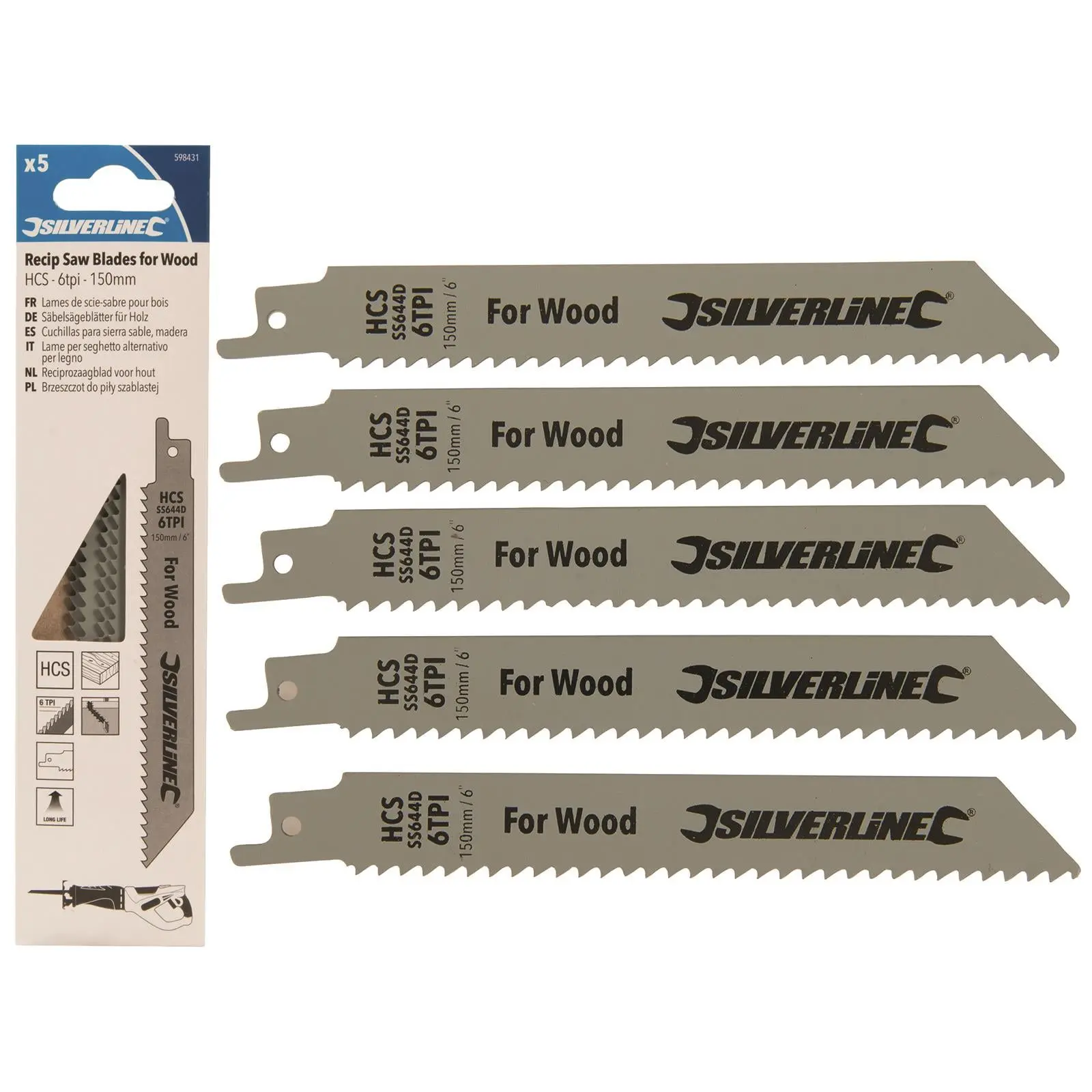 Silverline Recip Saw Blades for Wood HCS 5 Pack 6 TPI 150mm Cutting Blades