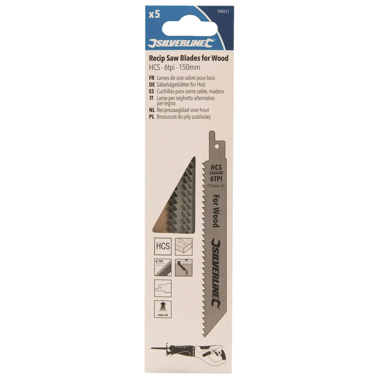 Silverline Recip Saw Blades for Wood HCS 5 Pack 6 TPI 150mm Cutting Blades - Image 2