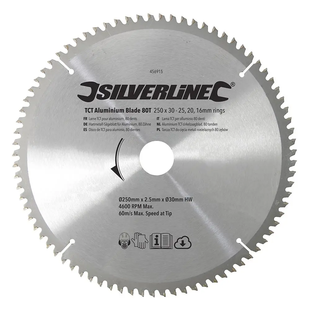 Silverline TCT Aluminium Circular Saw Blade 80T 250 x 30mm - 25 20 16mm Rings