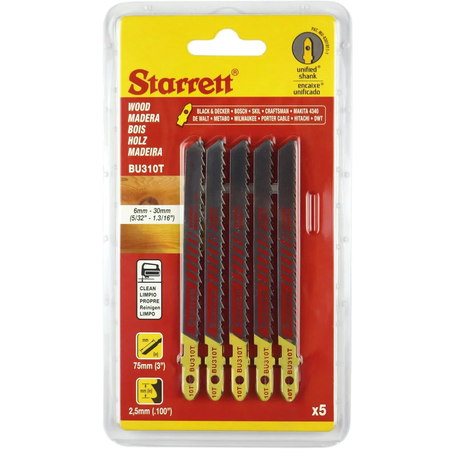 Starrett Jigsaw Blade Set Wood Cutting Bi-Metal 10 TPI 5 Pack SA320 BU310T-5