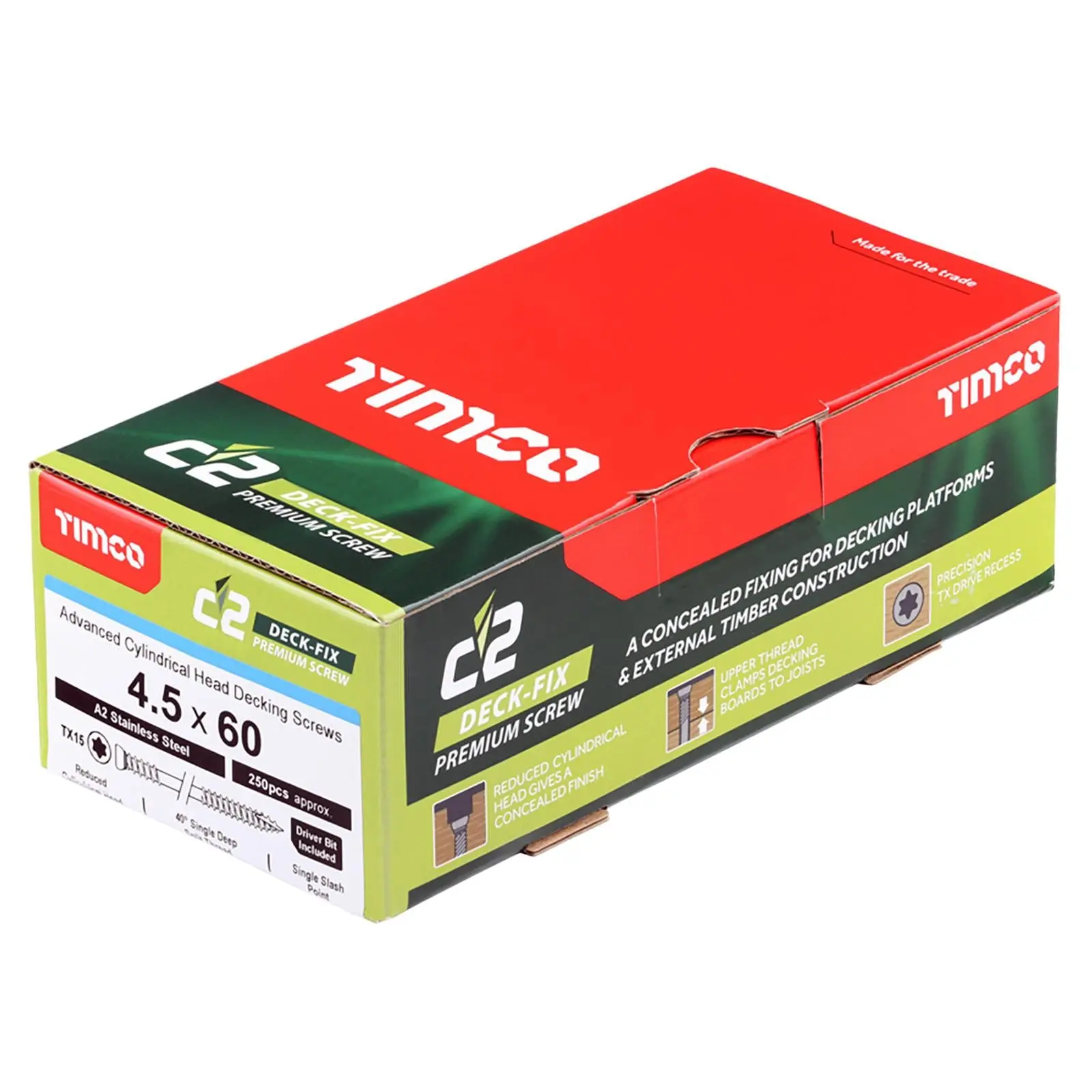 TIMCO C2 Deck Fix Premium Decking Screw Torx Stainless Steel Cylinder Single Sash 4.5 x 60mm 250 Screws - Image 3