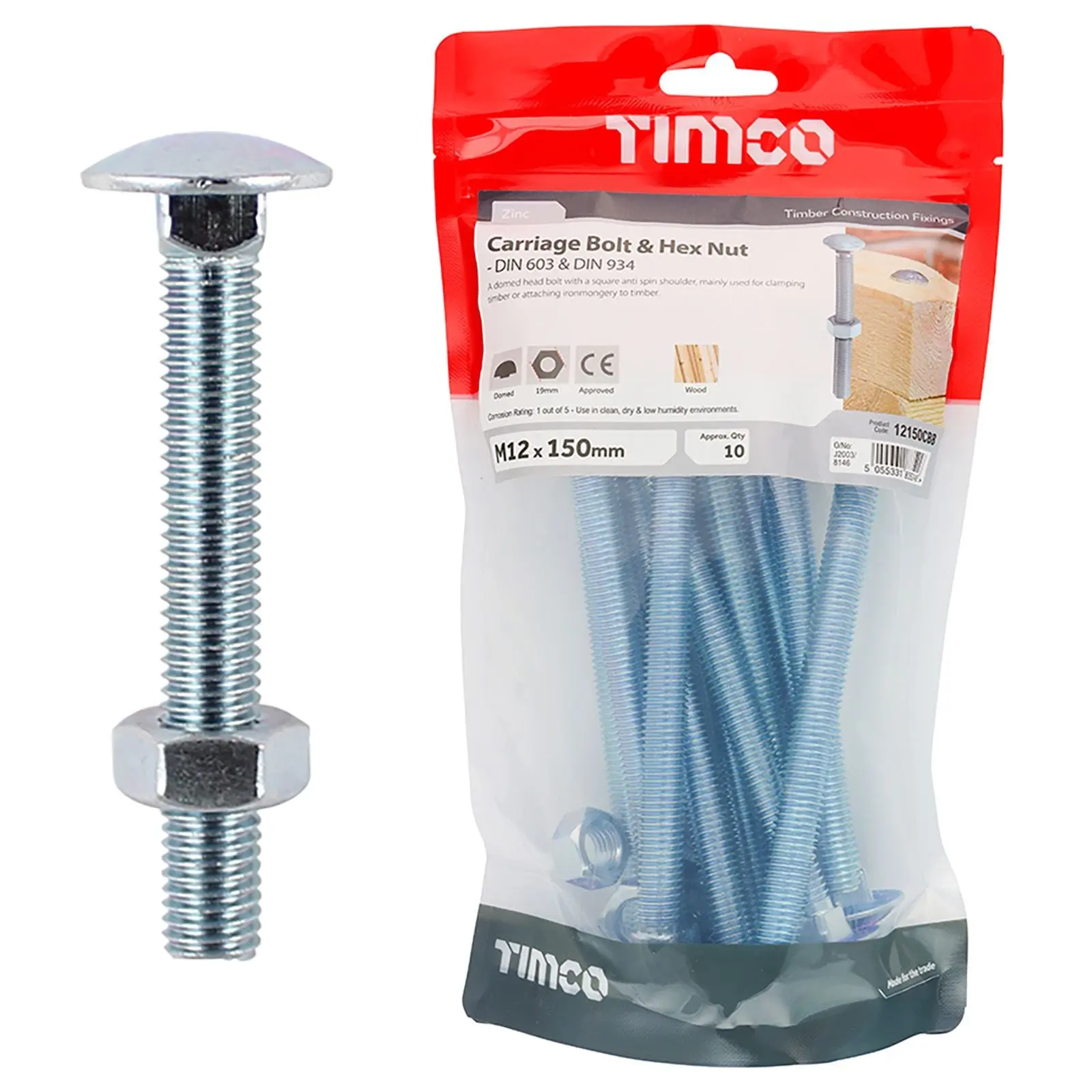 TIMCO Carriage Bolts with Hex Nuts 4.8 Grade Zinc Carbon Steel TIMbag M6-M12 - Choose Size - Image 5