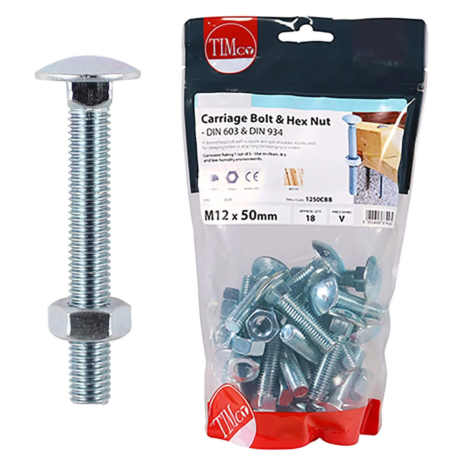 TIMCO Carriage Bolts with Hex Nuts 4.8 Grade Zinc Carbon Steel TIMbag M6-M12 - Choose Size - Image 9