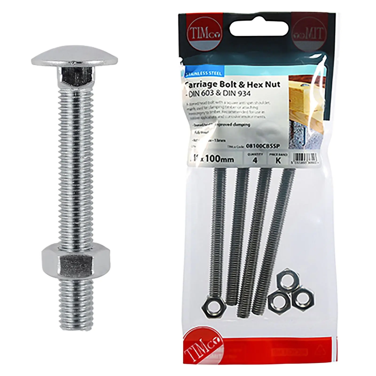 TIMCO Carriage Bolts with Hex Nuts A2 Austenitic Stainless Steel TIMpac M8-M12 - Choose Size - Image 2