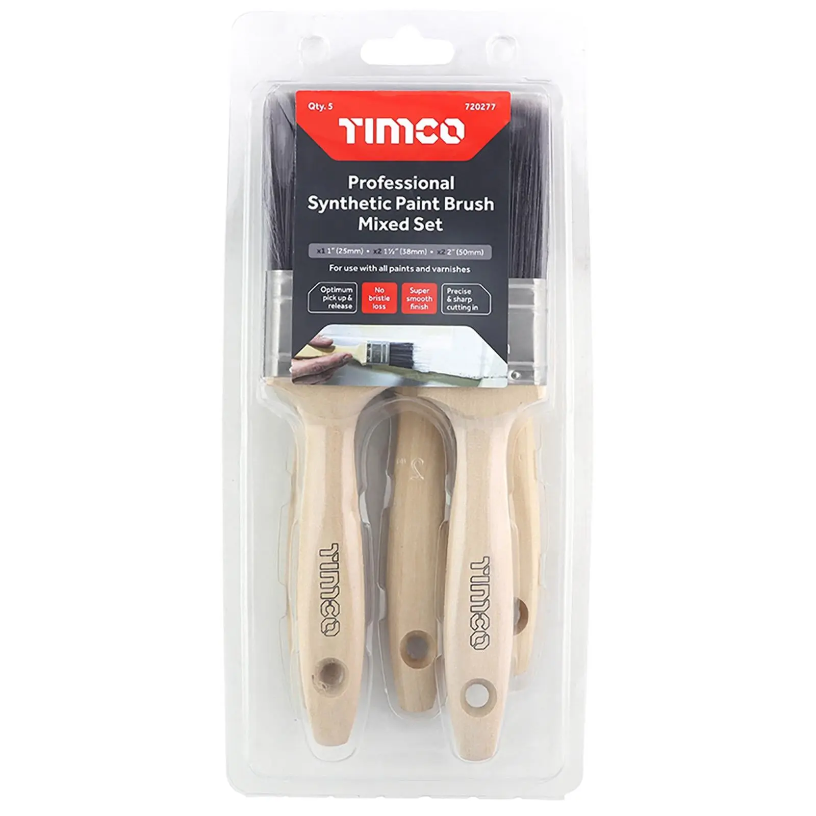TIMCO Paint Brush Set Professional Synthetic 5 Pack 25mm 38mm 50mm No Bristle Loss - Image 2