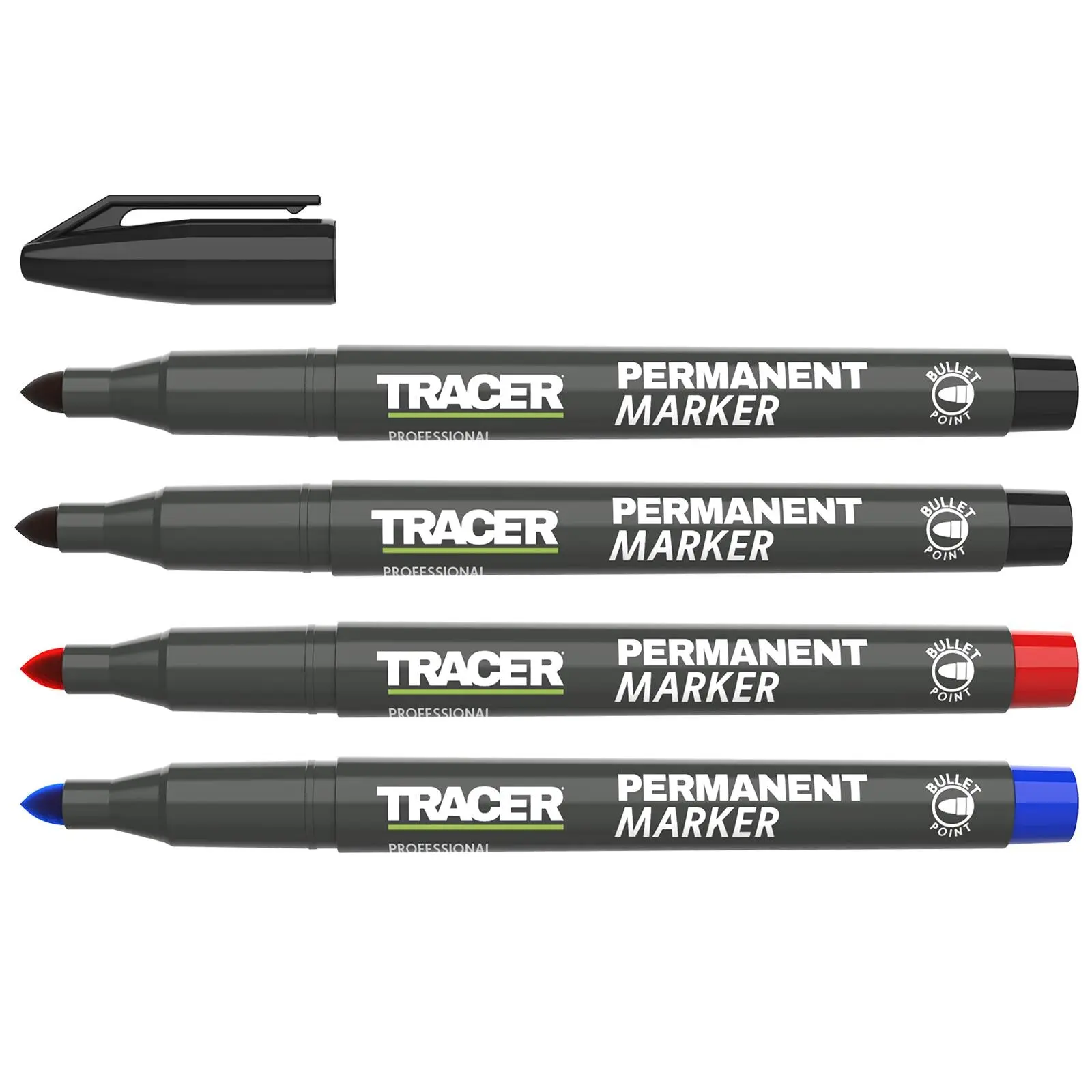 TRACER Permanent Marker Pen Pack of 4 Black Red Blue 1-2mm Fine Bullet Point - Image 3