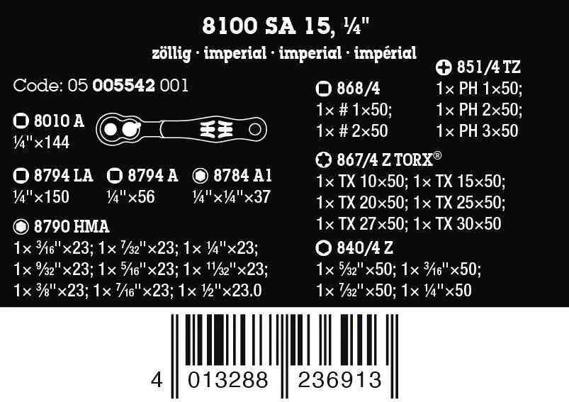 Wera 8100 SA 15 Zyklop Comfort Ratchet Set Reversible 1/4" Drive Imperial in Case 28 Pieces - Image 10
