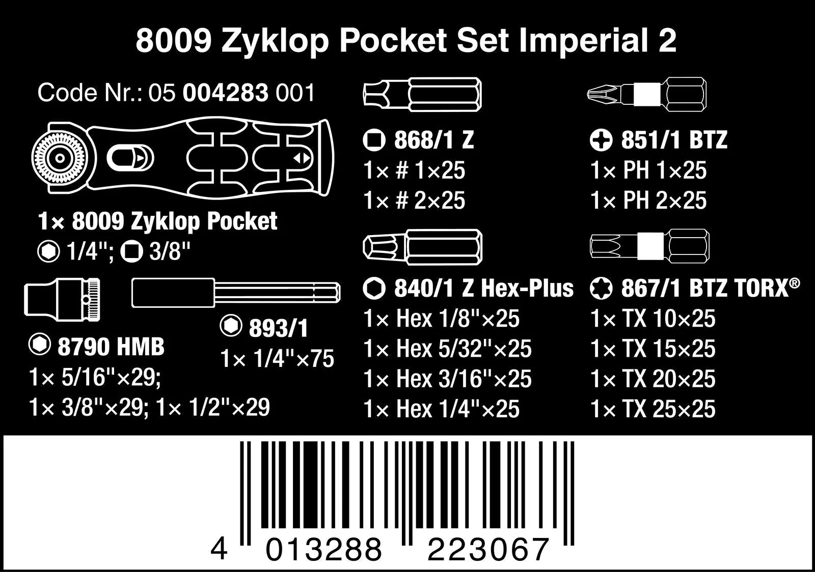 Wera Compact Screwdriver Socket Wrench Zyklop Pocket Imperial Set 2 18 Pieces 8009 3/8" Drive 1/4" Hex - Image 12
