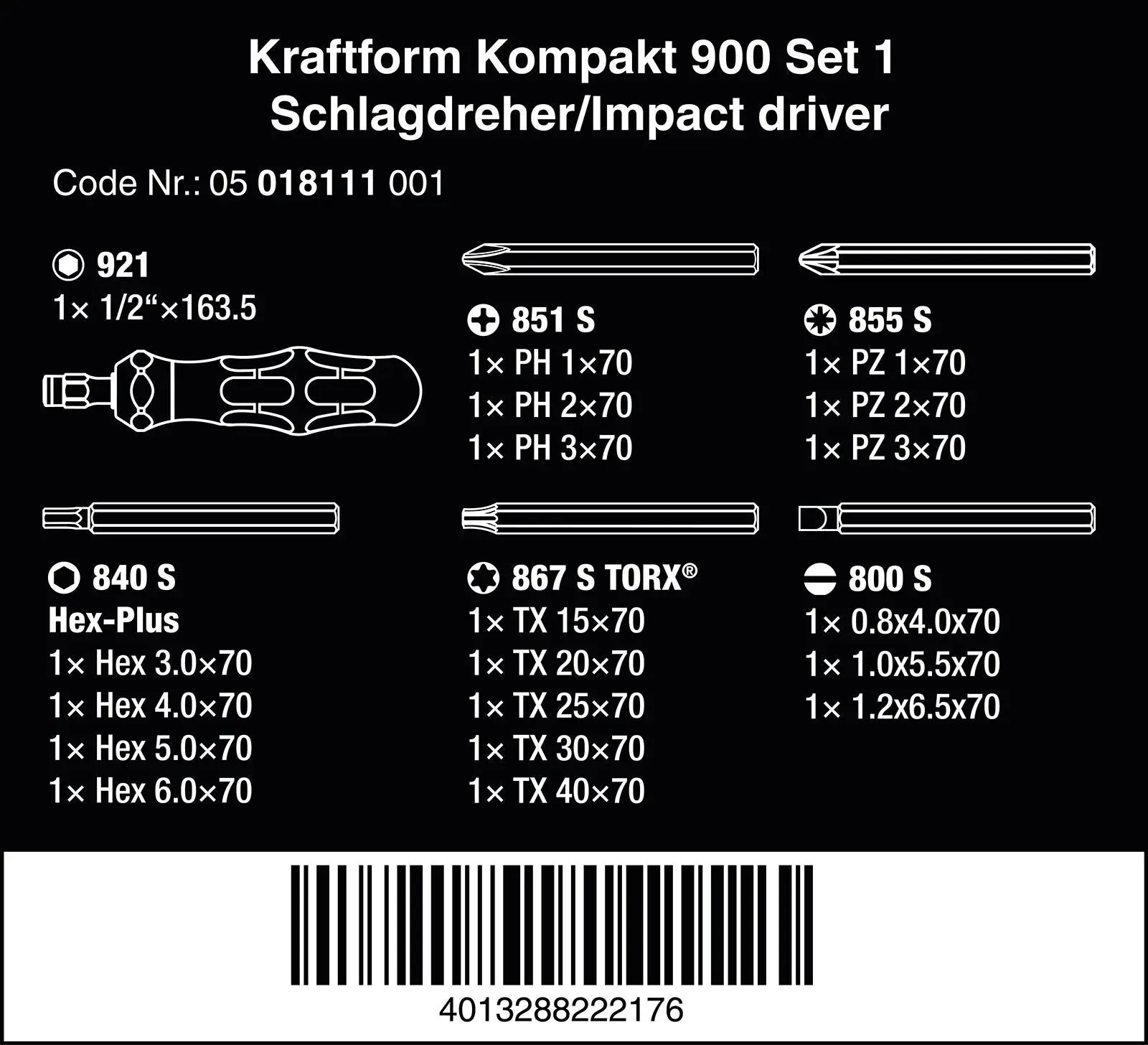 Wera Impact Screwdriver Kraftform Kompakt 900 Set 1 19 Pieces in Case - Image 12