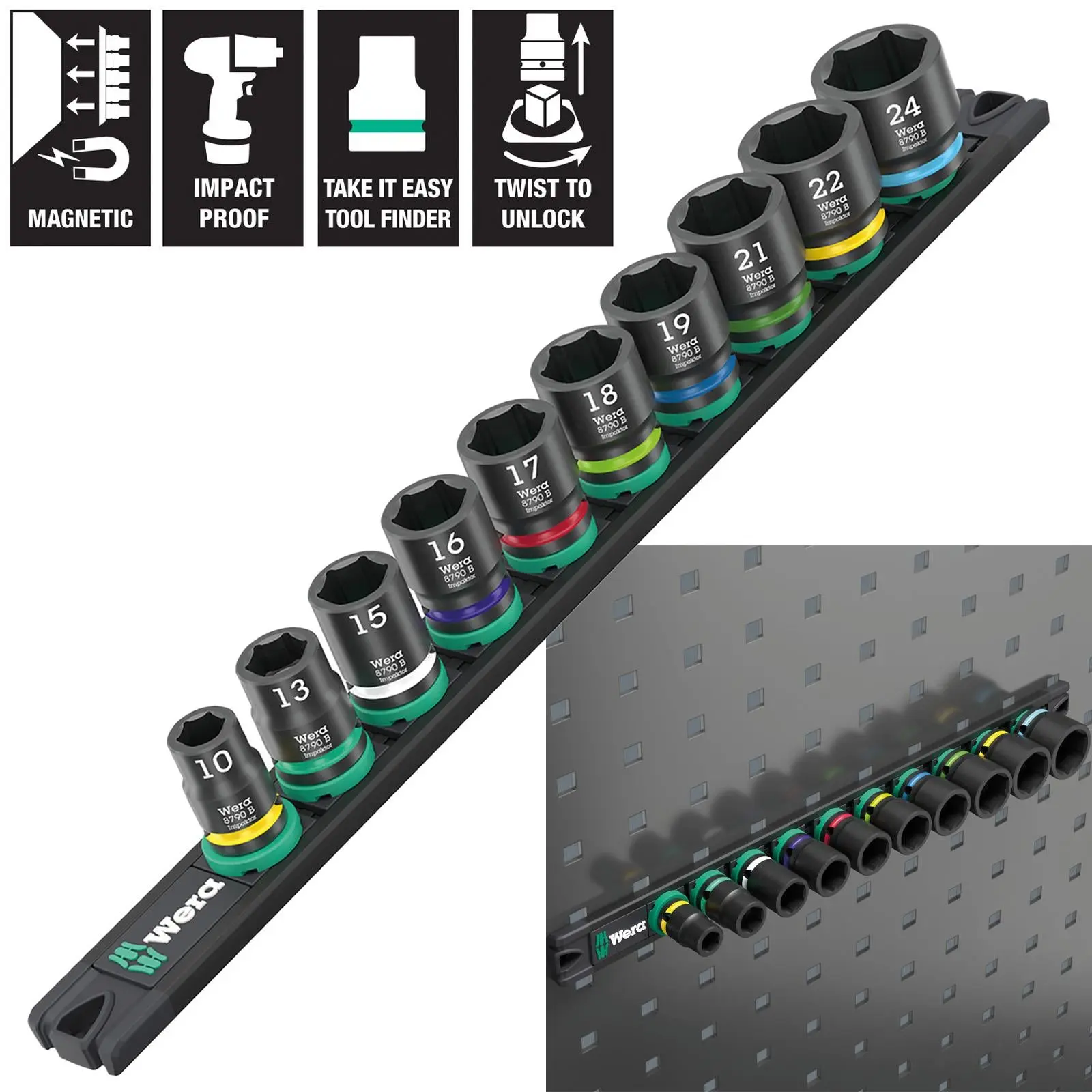 Wera Impact Socket Set 3/8" Drive 10 Piece 9607 Magnetic Rail B Impaktor 1 Metric 10-24mm