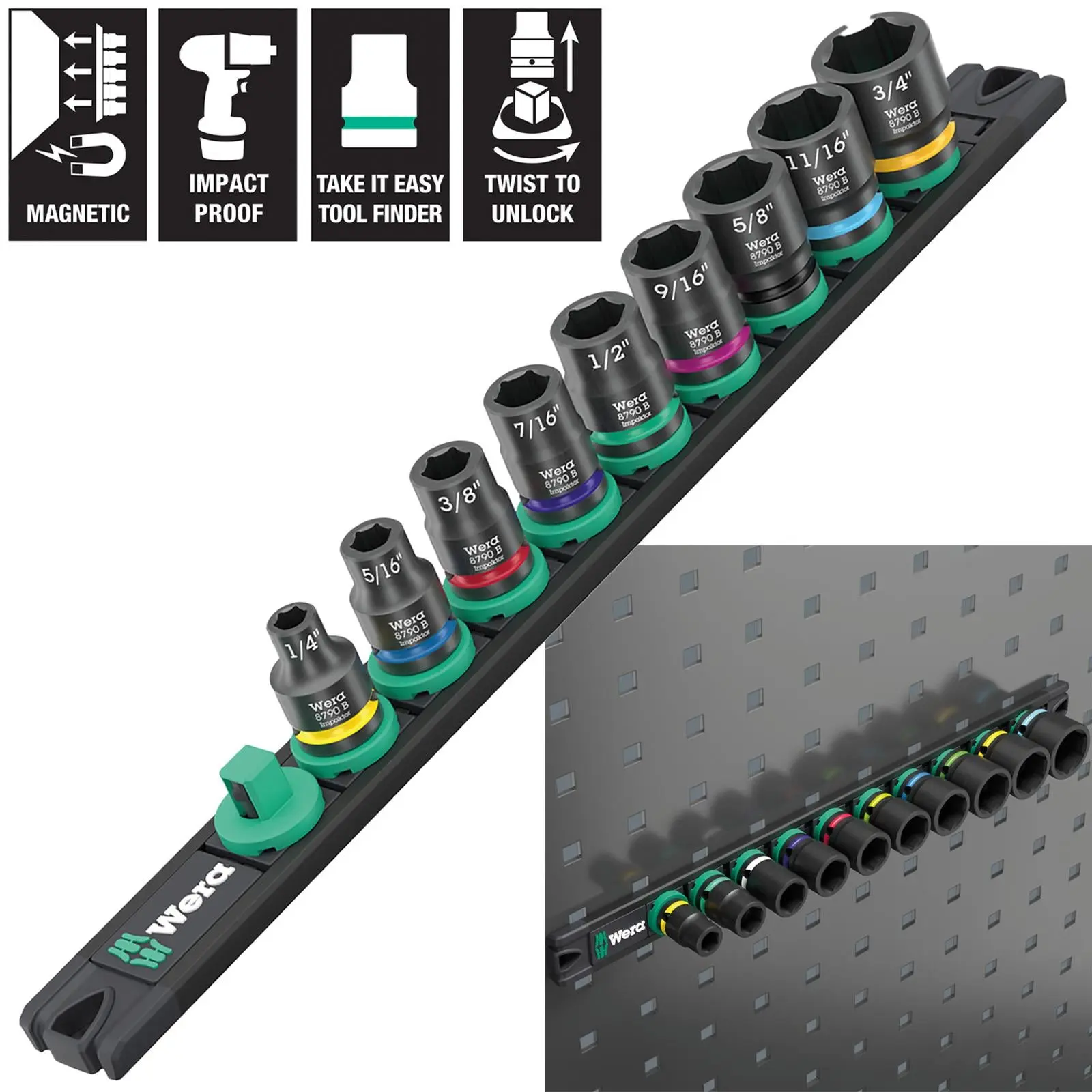 Wera Impact Socket Set 3/8" Drive 9 Piece 9608 Magnetic Rail B Impaktor 1 Imperial 1/4"-3/4
