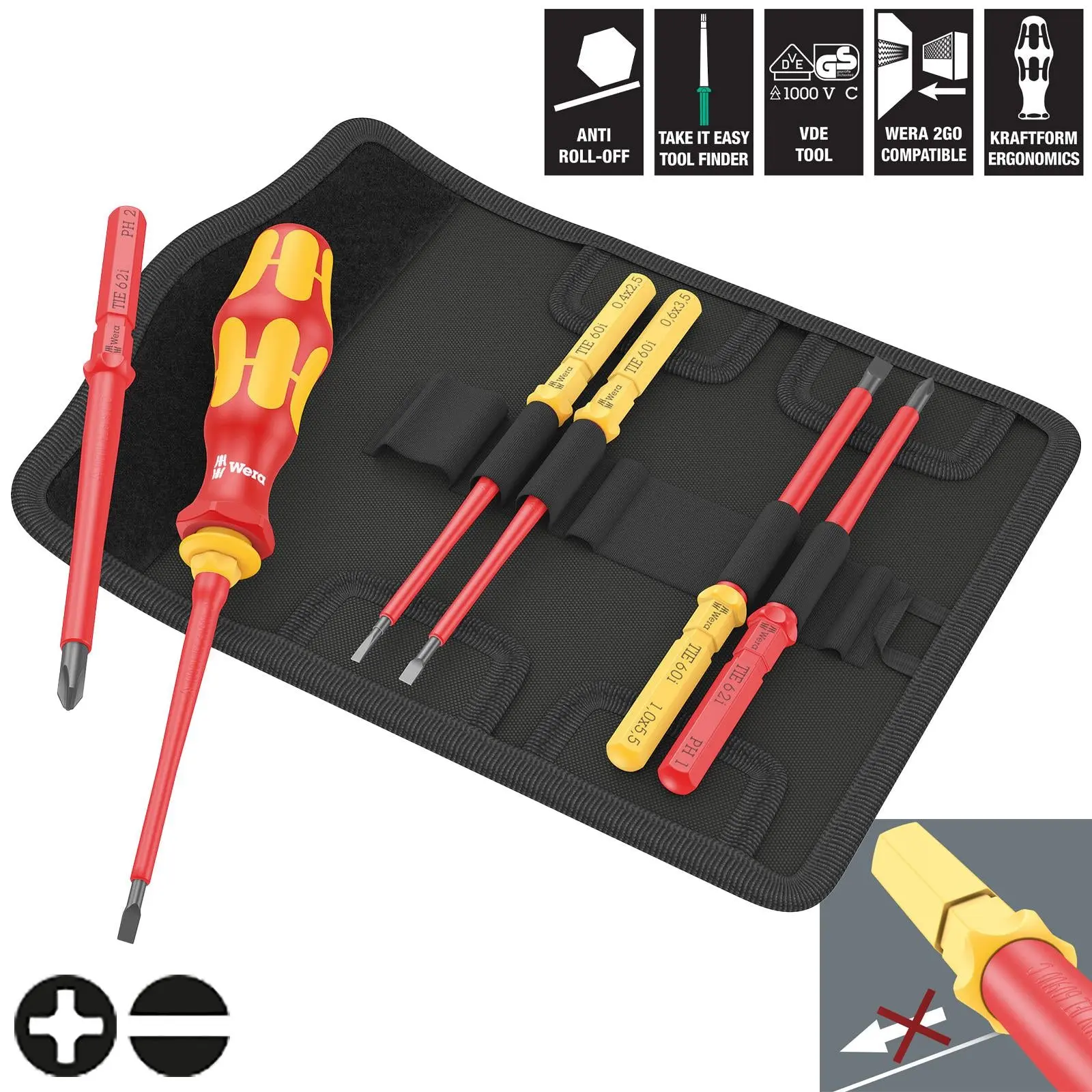 Wera Interchangeable VDE Screwdriver Set Kraftform Kompakt VDE 7 Universal 1 Tool Finder 7 Pieces Phillips Slotted