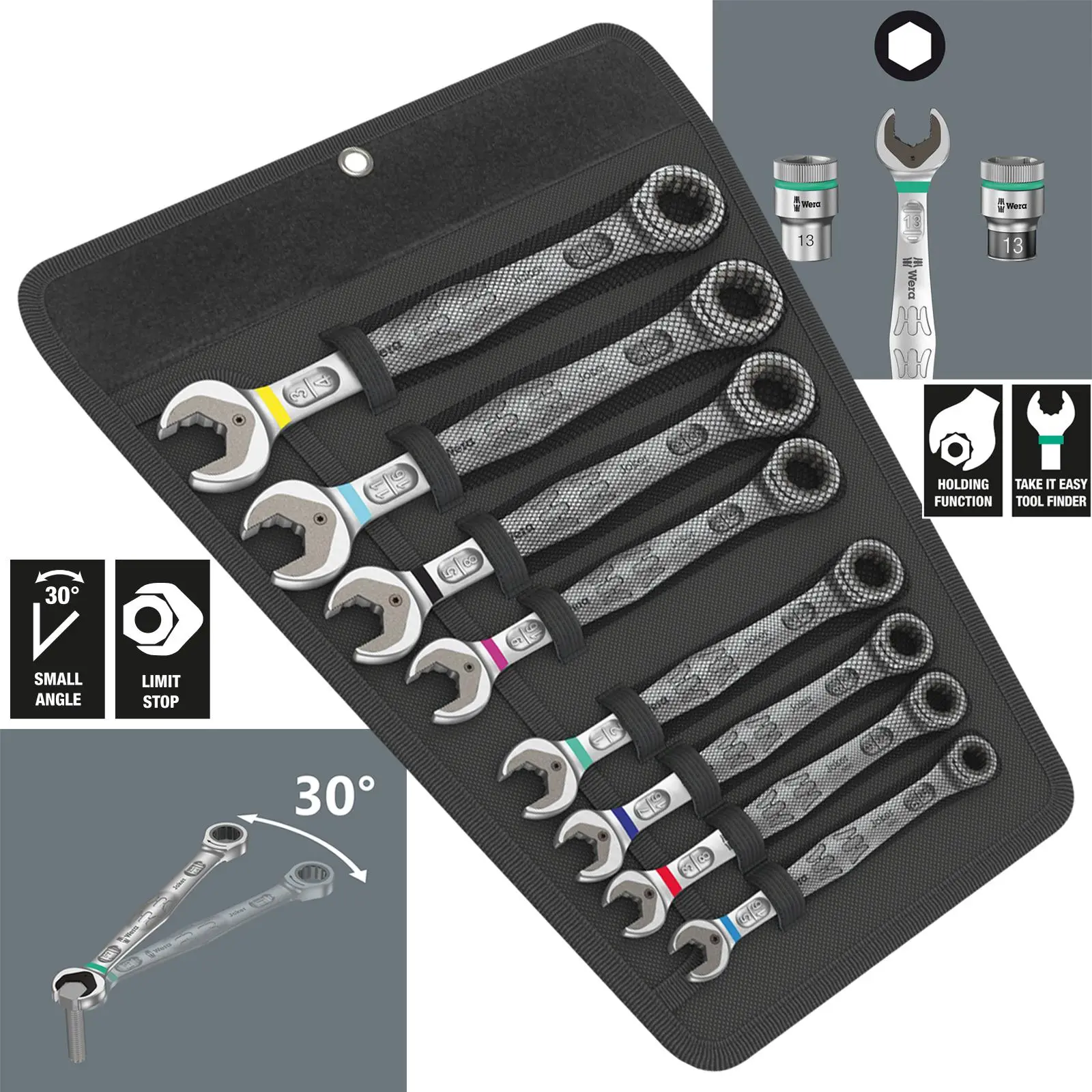 Wera Ratchet Combination Spanner Set 8 Piece 6000 Joker 8 Set 1 Imperial in Pouch 5/16"-3/4