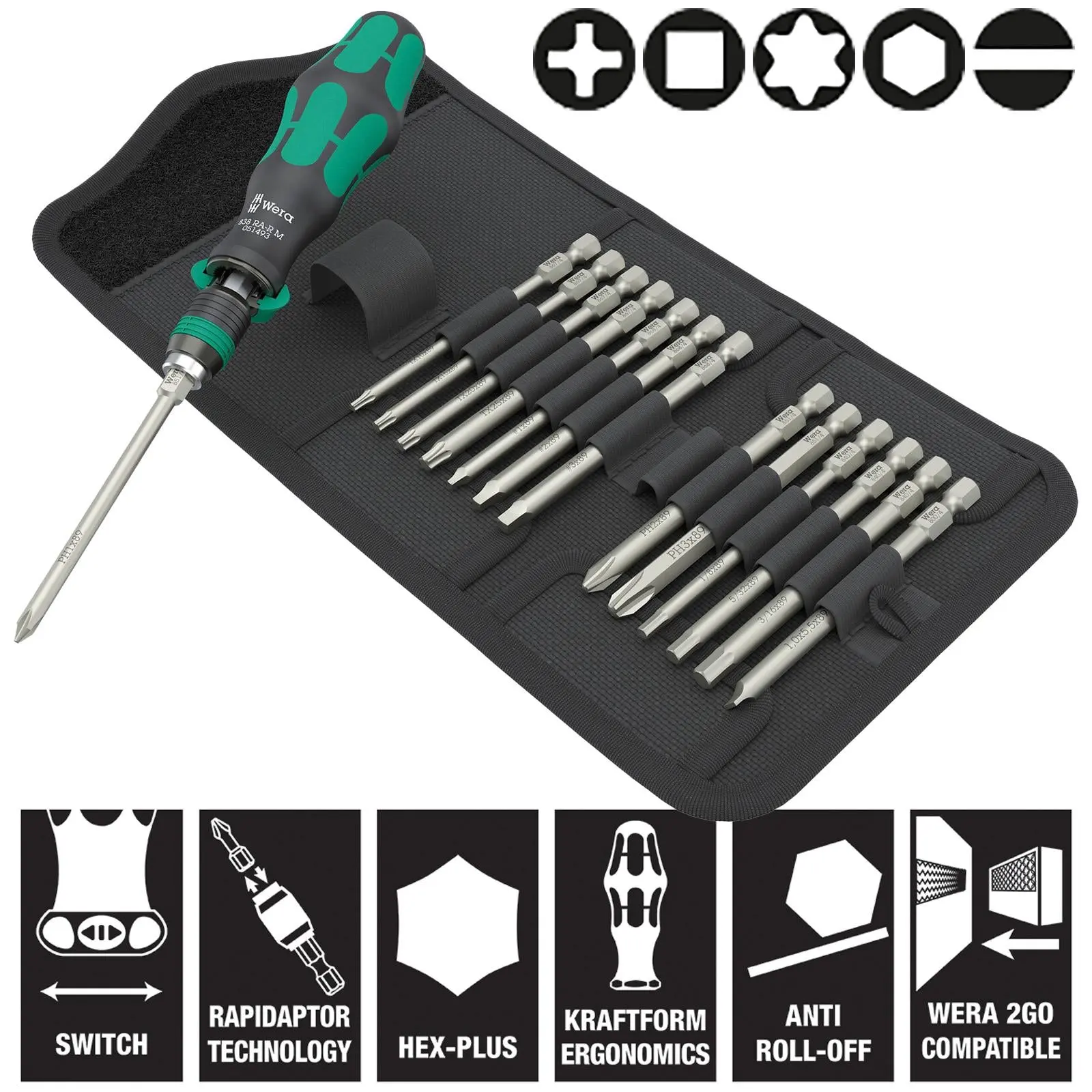Wera Ratchet Screwdriver Set Kraftform Kompakt KK 838 RA-R M Imperial Set 1 15 Pieces PH TX SQ SL Hex