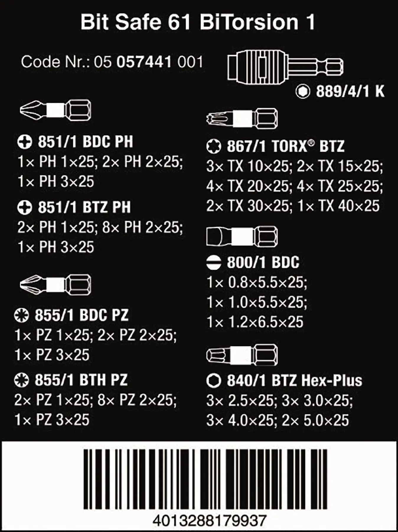 Wera Screwdriver Bit Set 61 Piece Bit Safe 61 BiTorsion 1 with Rapidaptor Bit Holder - Image 10