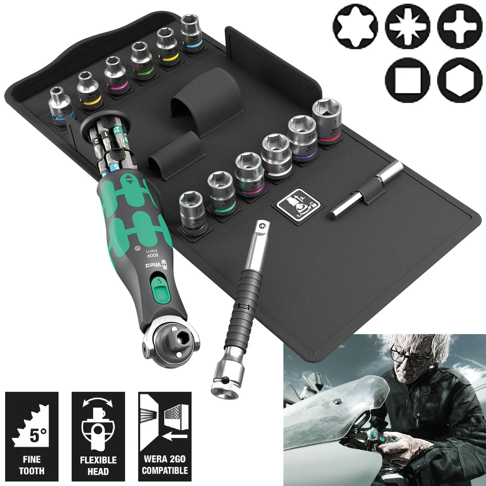 Wera Screwdriver Set 8009 Zyklop Pocket Set 3 Sockets and Bit Kit in Case 27 Pieces