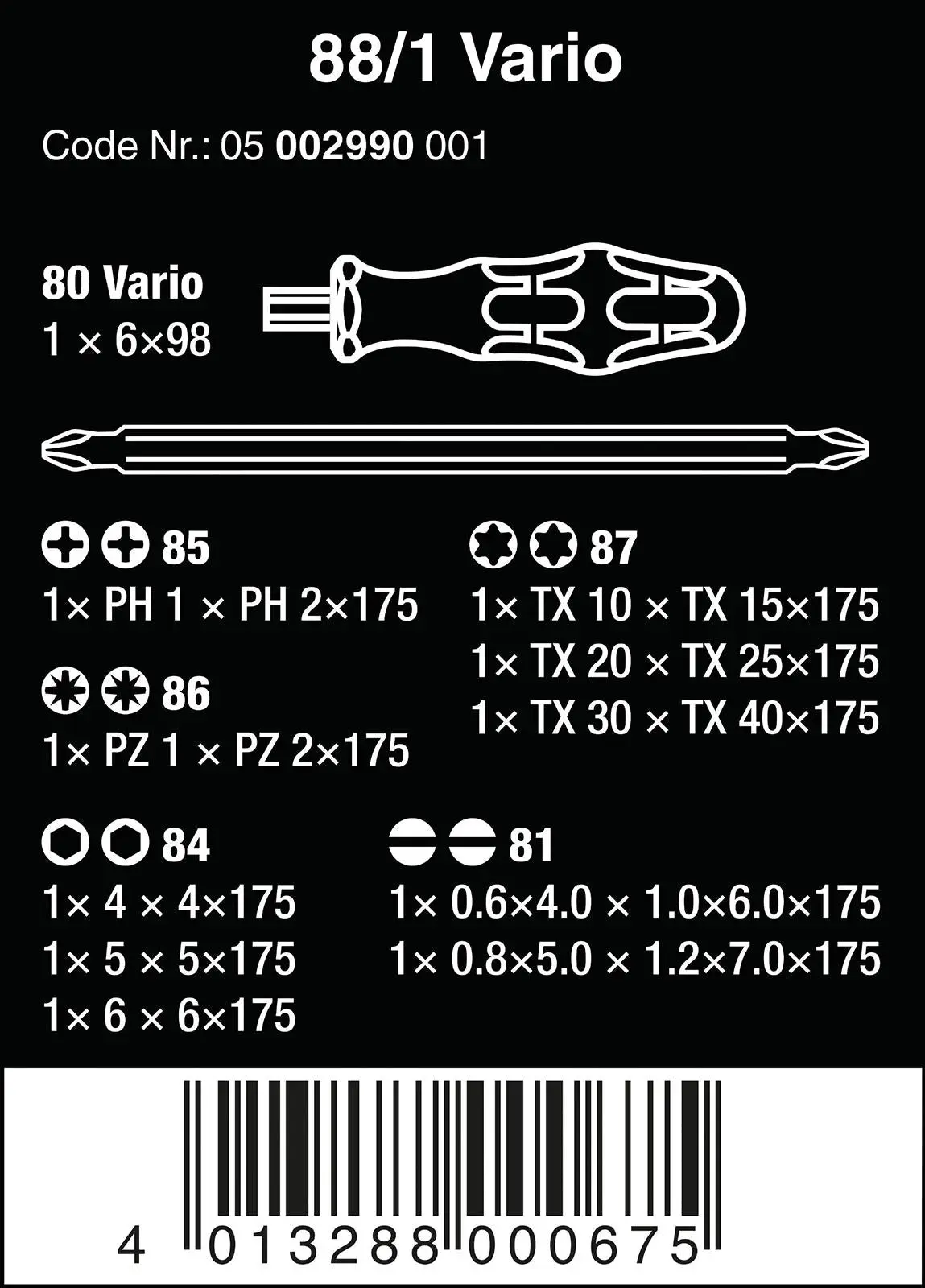 Wera Screwdriver Set 88/1 Vario Set 11 Piece Kraftform Kompakt Handle 175mm Combination Blades - Image 7