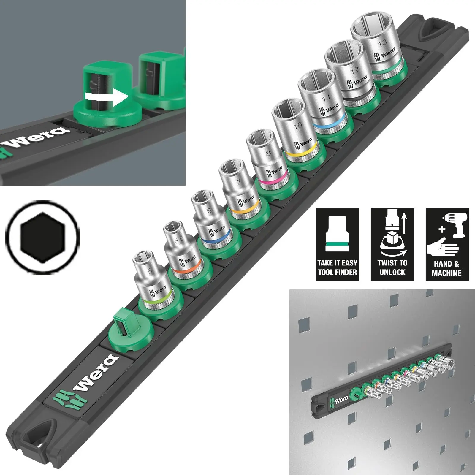 Wera Socket Set 1/4" Drive on Magnetic Socket Rail A 4 Zyklop 9 Pieces Metric 5-13mm