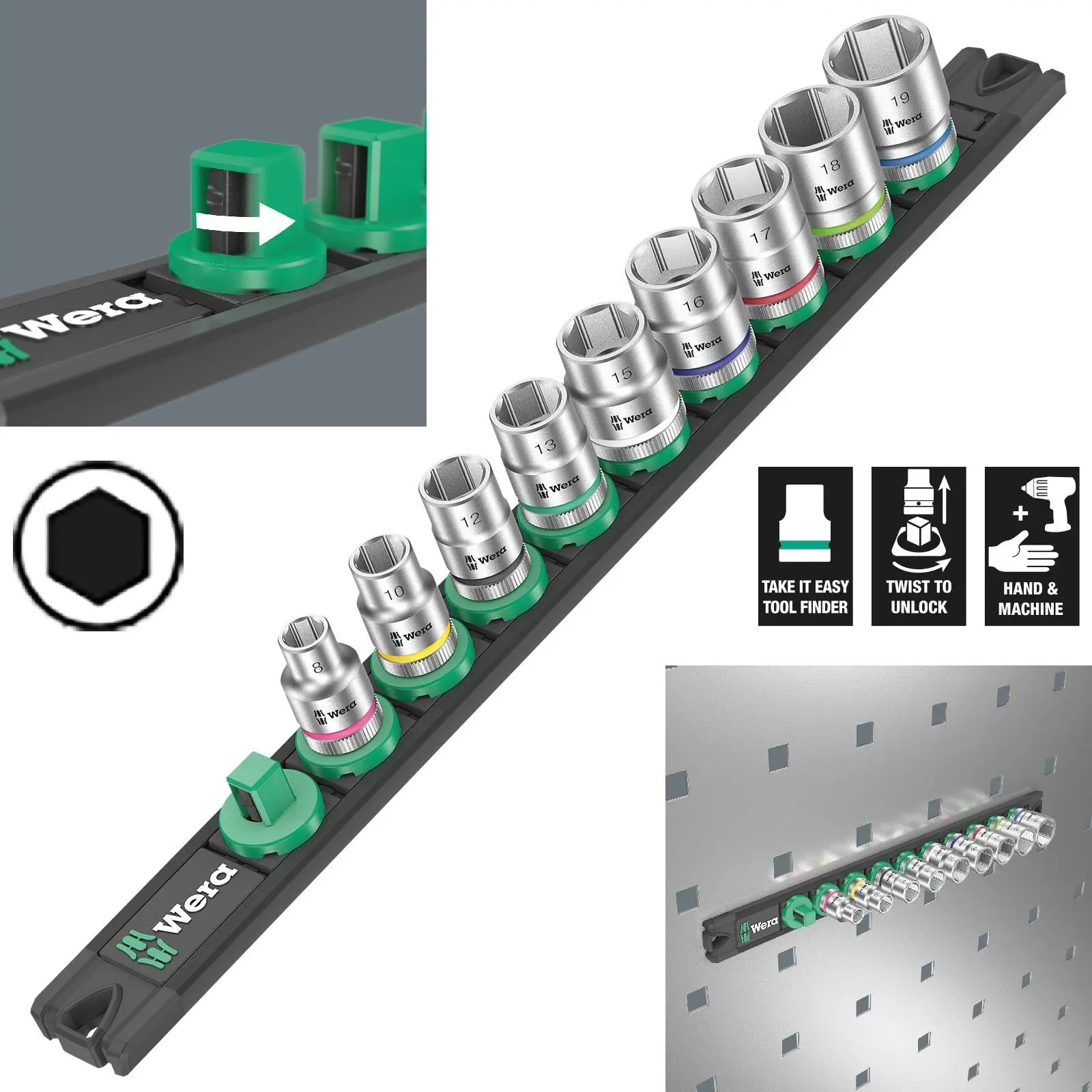 Wera Socket Set 3/8" Drive on Magnetic Socket Rail B 4 Zyklop 9 Pieces Metric 8-19mm