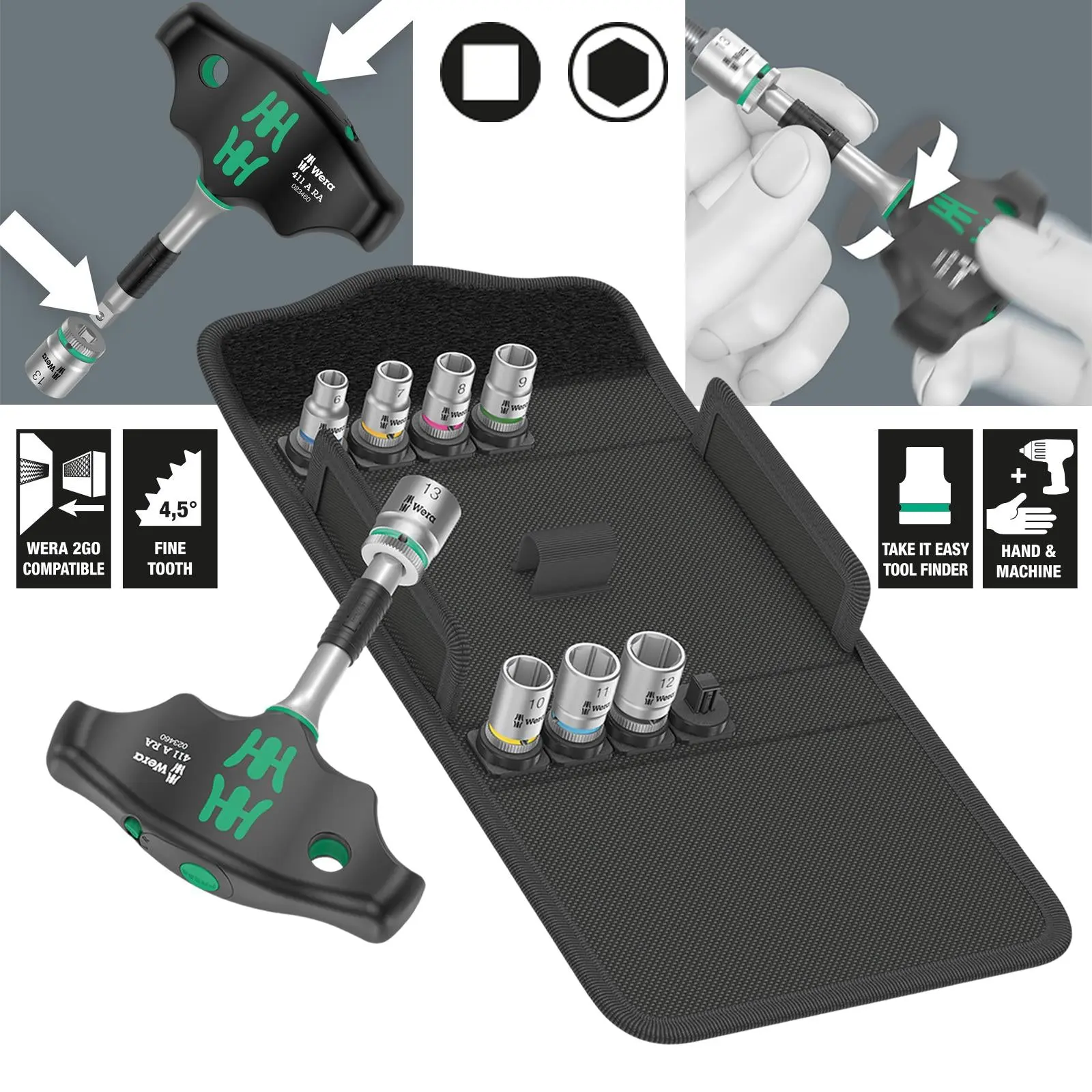 Wera T-Handle Adaptor Screwdriver 1/4" Drive with Ratchet Function 400 RA Set 2 9 Pieces 6-13mm Sockets