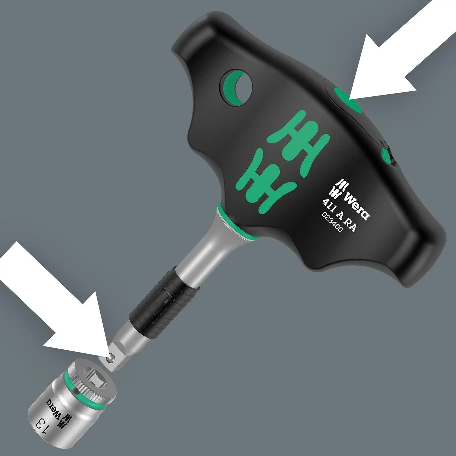 Wera T-Handle Adaptor Screwdriver 1/4" Drive with Ratchet Function 400 RA Set 2 9 Pieces 6-13mm Sockets - Image 8