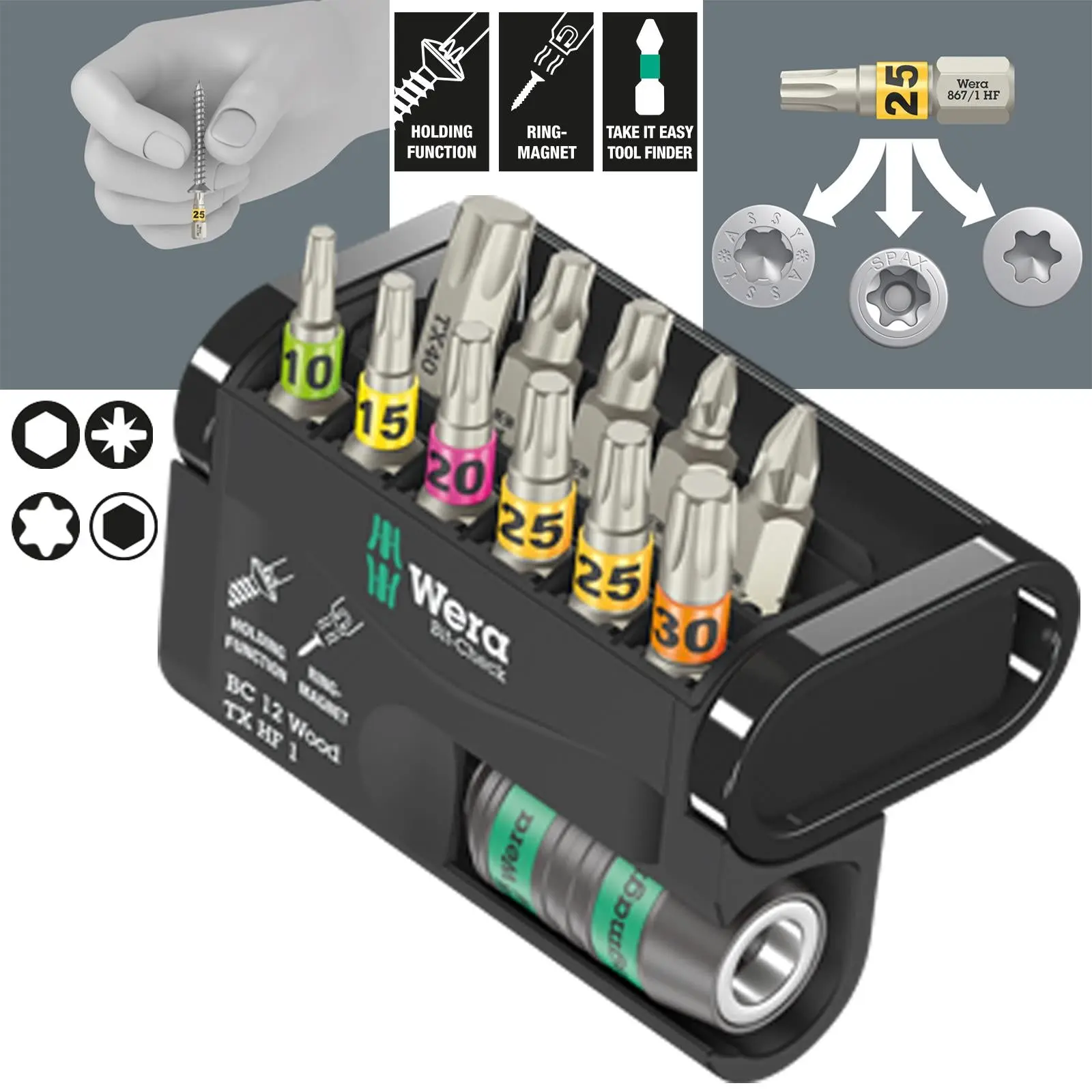 Wera Wood Screwdriver Bits Torx with Holding Function 12 Piece Bit-Check 12 Wood TX HF 1