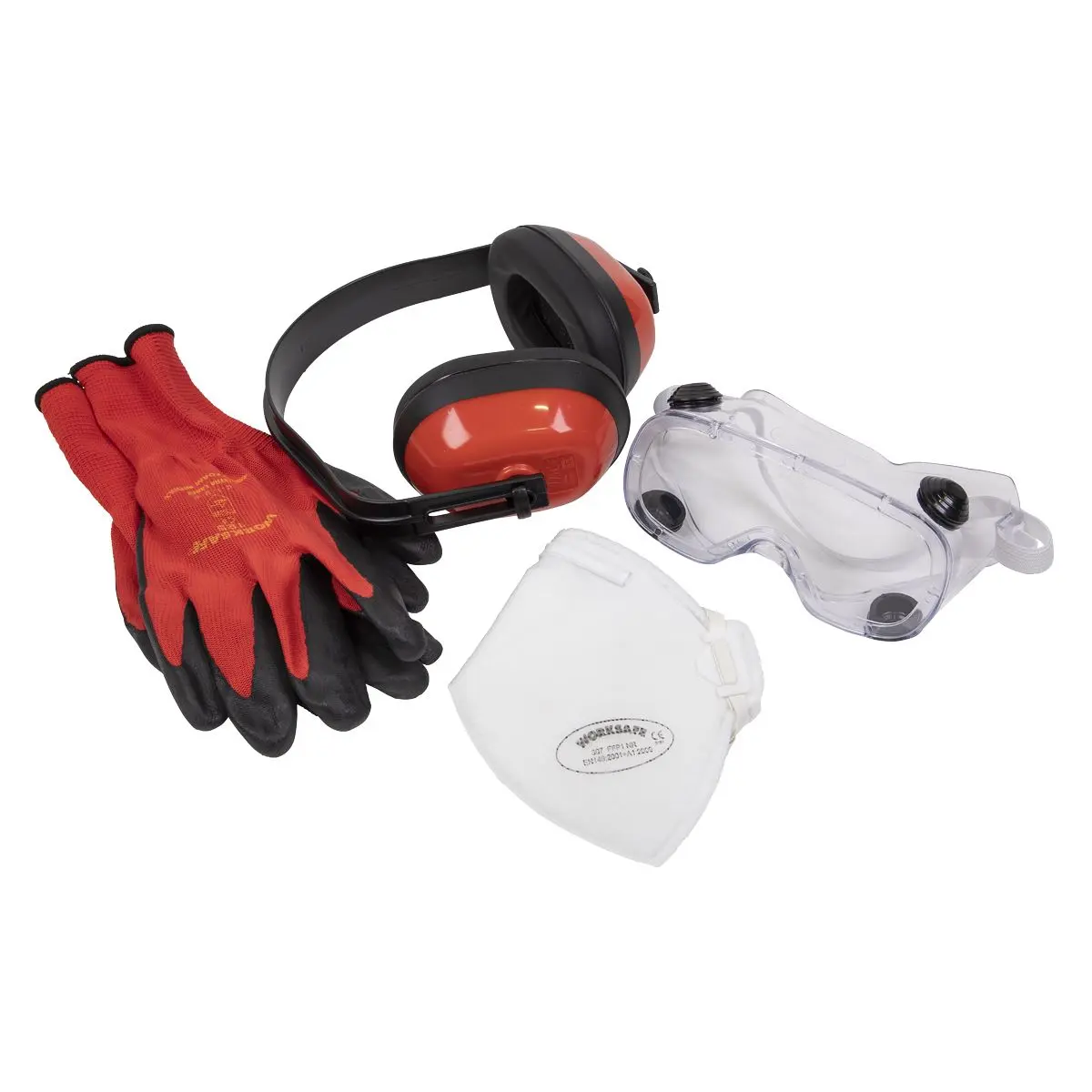 Worksafe by Sealey Flexi Grip Gloves, FFP1 Mask, Goggles & Ear Defenders