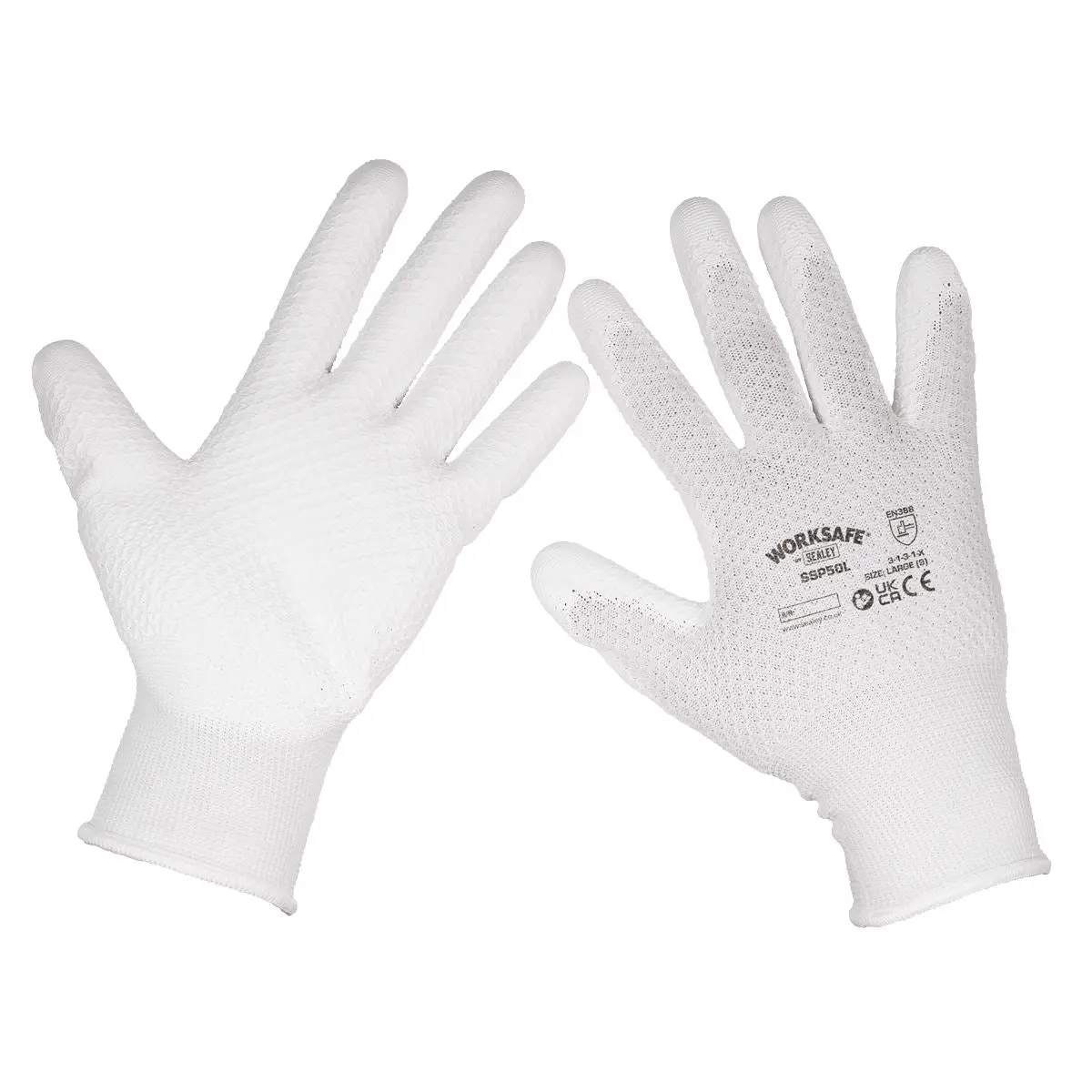 Worksafe by Sealey White Precision Grip Gloves - (Large) - Pack of 6 Pairs